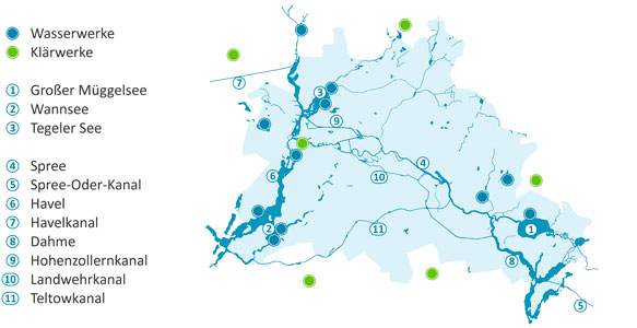 Karte zu Standorten der Berliner Wasserbetriebe und Gewässern
